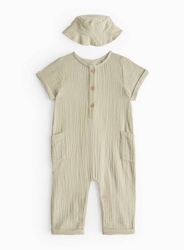 Green Woven Romper & Bucket Hat Set 9-12 months